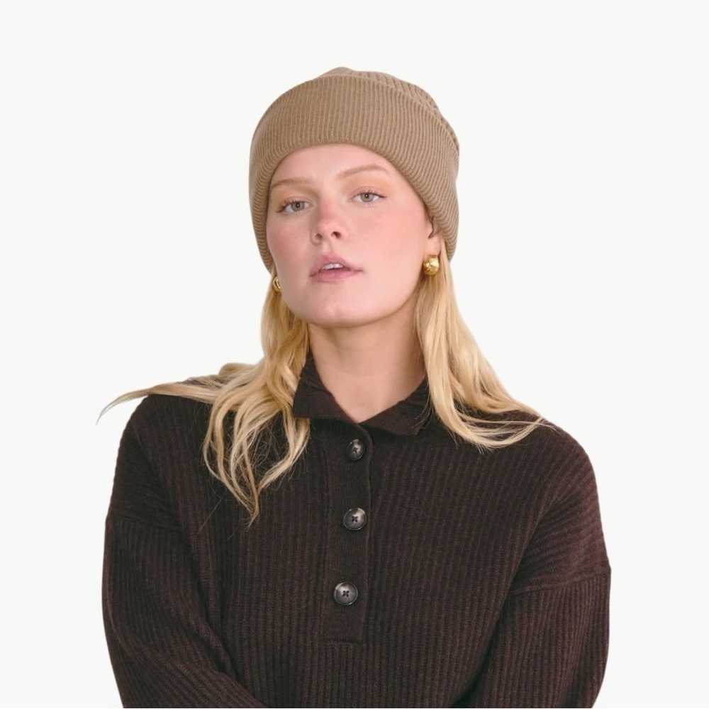 Everlane Waffle Knit Beanie 100% Wool Camel Tan One Size RWS Certified - Picture 2 of 9